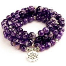 Collier sautoir améthyste grande longueur, pendentif lotus, bracelet mala