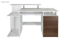  TABLE BUREAU INFORMATIQUE ORDINATEUR AVEC TIROIRS BLANC/NOYER