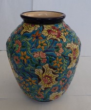 Vase Ventru Fleurs Jaunes et Roses -20x13 cm- Emaux de Longwy - Superbe