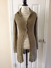 BCBG MAX AZRIA Long Olive Green Crochet Hooded Sweater Cardigan Coat Small 