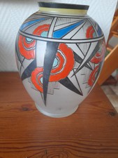 vase ancien 1930, en verre opalescent à motifs cubiste signé JOMA