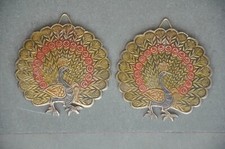 2 PC Vieux Laiton Laque Artisanal Paon Paire Tenture Murale Plaque,de Collection