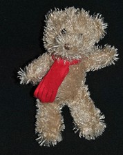Peluche Doudou Ours Brun YVES ROCHER Marron Echarpe Rouge Long Poil 18 Cm TTBE