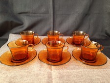 6 grandes tasses +sous-tasses en verre, Duralex, vintage années 70,thé,café/TBE