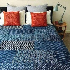 Indien Kantha Couette Literie Jeté Indigo Bloc Coton Imprimé Handmade Couvre-Lit