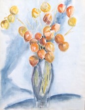 Grande Aquarelle Originale Peinture Nature Morte Vase Bouquet Fleur Jaune Orange