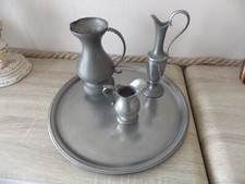  ANCIEN PLATEAU +GROS PICHET+ POT A LAIT ET LONG PICHET ART DECO ETAIN 95% 
