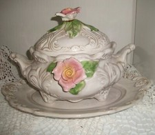 Ancienne  Soupière italienne décorative  Faïence et son assiette  envoi rapide