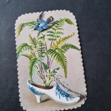 Carte Peinte avec Chaussure et Chromo Oiseau XIXè Scrap Victorian CARD 19thC