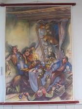 Vintage PULL Roll Down école tableau mural musiciens de Brême GRIMM FAIRY TALE