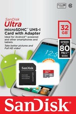 32GB Micro SD SanDisk Ultra Memory Card UHS 1 80mb CLASS 10 + Adaptateur