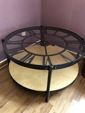 table basse horloge, noire, acier et plateau verre, comme neuve