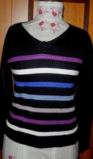 Pull Jacqueline Riu t1 38  noir rayures violet bleu blanc strass avec angora