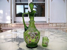 CARAFE AIGUIERE VERRE SOUFFLE COLORE VERT- DECOR EMAILLE + 1 PETIT VERRE-LEGRAS
