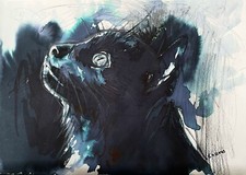 ENARA Art deco toile tableau peinture encre signée Chat noir porte-bonheur