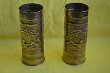 WW1 Paire de vase laiton douilles d'obus 75 DEC joli décor biches femme allongée