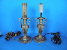 LOT OF 2 ANTIQUE METAL CANDLE STICK TABLE LAMPS IN OLD PAINT AND RAISED DESIGN