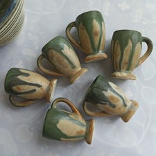 6 Verres tasses à liqueur Denbac ?☀️ Grés flammé ocre & vert - Ht 5,5cm - TBE