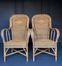 PAIRE DE FAUTEUILS EN ROTIN 1940-1950 MAISON KOK TRESSAGE BLEU ET ROUGE L1875