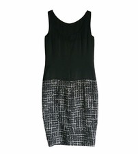 CHANEL Robe bimatière soie noire et tweed bleu sublime TBE T36