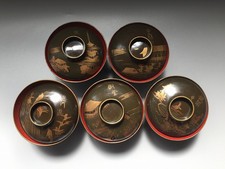 Z1302 Japonais en Bois Soupe Bol Tasse Vintage 5pc à Couvercle Temple Vaisselle