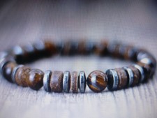 Bracelet de perles oeil de tigre, hématite, bois, sur mesure, homme femme enfant