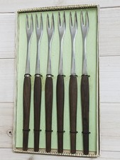 Vintage Allemand Rostfrei Fondue Fourches Brochettes Teck Bois Poignées ~ Set 6