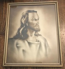 Vintage Rare Head of Jesus Christ Picture Print Framed Wire Hanger 17" x 14"