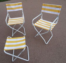 Lot 2 FAUTEUILS + TABOURET pliants CAMPING VINTAGE jaune blanc LAFUMA BE 1980