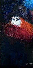 ENARA Art deco toile tableau peinture gouache Femme chapeau boa La Comédienne