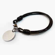 BRACELET CUIR Marron foncé  charm's Plaque ACIER rond élégant homme réglable