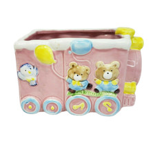 Vintage 1986 Céramique Rose Bébé + Bleu Train Avec / Ours en Peluche Nursery