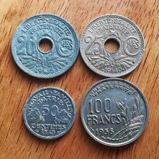 Lot 4 monnaies rares = 20c 1945 + 25 centimes 1940 + 50c 1943B + 100 francs 1958