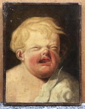 Tableau Ancien Huile Portrait Bébé Enfant Joufflu Colère Cris Pleurs Début XIXe