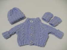 Baby's Hand-knit Bleu Rond-Cou Cardigan, Chapeau et mitaines Set to fit Prem Baby