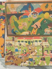 ancienne boite de cubes  en bois thèmes: vacances, école, fête, ferme, années 40