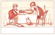 Chromos - COR14392 - Fille - Garçon - Table - Chaises - Chat - Soupe - 11x7 cm