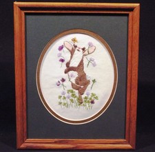 Vtg HAND EMBROIDERED Garden Dancing EASTER BUNNY Happy Art in WOOD FRAME Quality