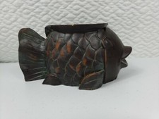 Dark Wood Look Wide Mouth Fish Art Sculpture Home Decor Candle Holder 8"x5"x3.5"