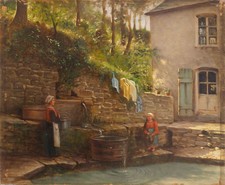 Tableau "The Village Fountain" lavandière cf. Emile Isenbart (1846 1921)