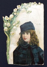 Chromo : portrait d’une jeune fille et muguet Chocolat du Marquisat (Annecy)