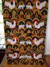 Mexican Yarn Painting Vintage Roosters And Cats Wall Decoration HUGE Earthtones 