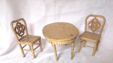 Table ovale  + 2 Chaises en Rotin Meuble Poupée Ancien Vintage