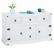 Buffet commode style mexicain avec 2 portes et 5 tiroirs en pin massif blanc