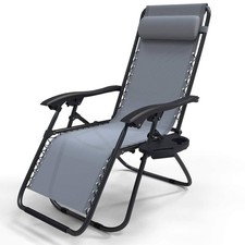 VOUNOT Chaise longue inclinable en textilene avec porte gobelet et portable gris