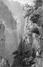 SUISSE: GALERIE du "TROU PERDU" (GRISONS)- Gravure anglaise 19e de W.H. Bartlett