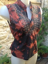 ESPRIT haut femme debardeur voile coton tye & dye noir marron broderie Taille 40