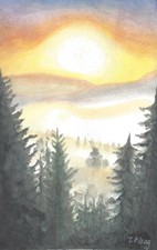 Tableau contemporain original, peinture aquarelle sur papier, paysage montagne