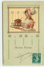 Carte Gaufrée - Bonne Année - Jeune femme portant un plateau - 22948