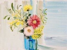 Janine JANET - Peinture originale - Aquarelle - Bouquet dans un vase bleu